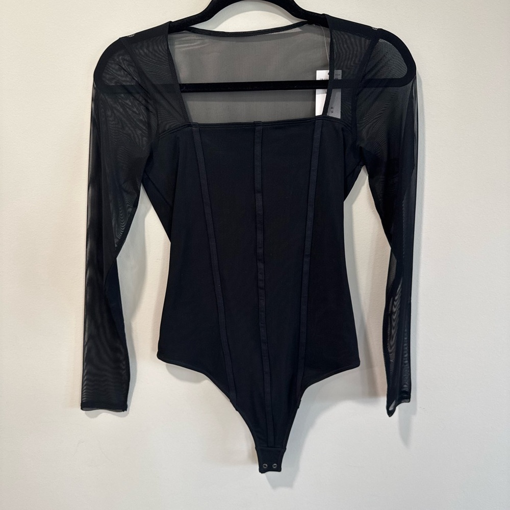 NWT Abercrombie & Fitch Black Square Neck Bodysuit with Sheer Long Sleeves